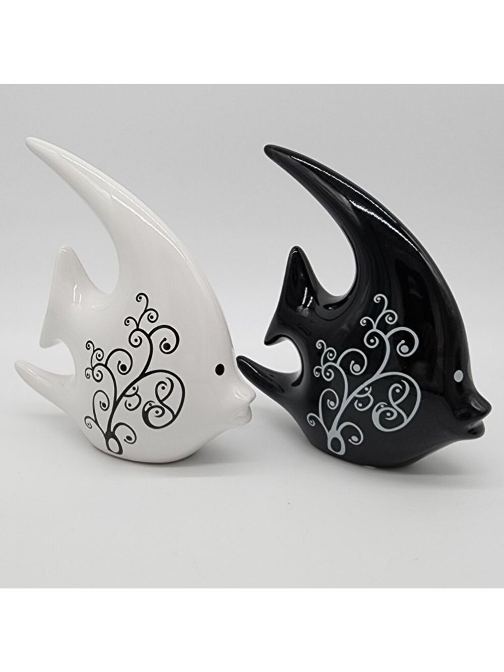 Ceramic Tropical Fish Figure White Black 7.5" Tall Home Decor